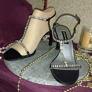 Jennifer Moore Black Rhinestone T-Strap Heels 9N
